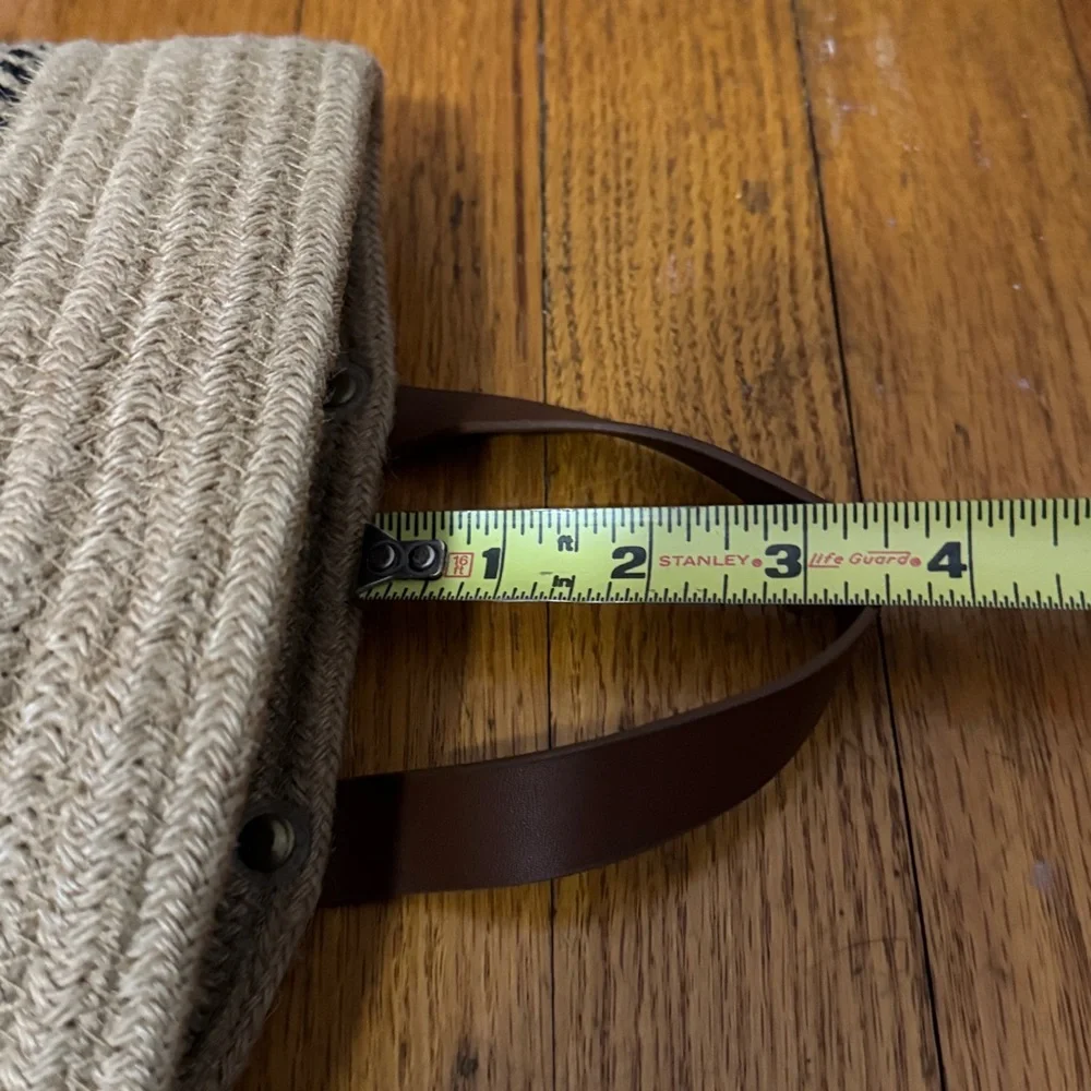 Woven Natural Fiber Coil Style Basket-Brown Faux Leather Hanging Loop-EUC